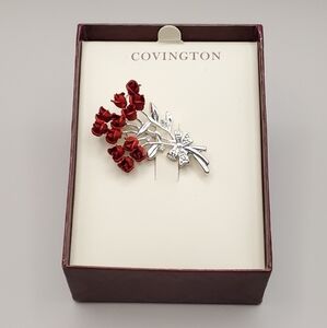 Dozen Roses Silver and Red Enamel Floral Brooch Pin NWT